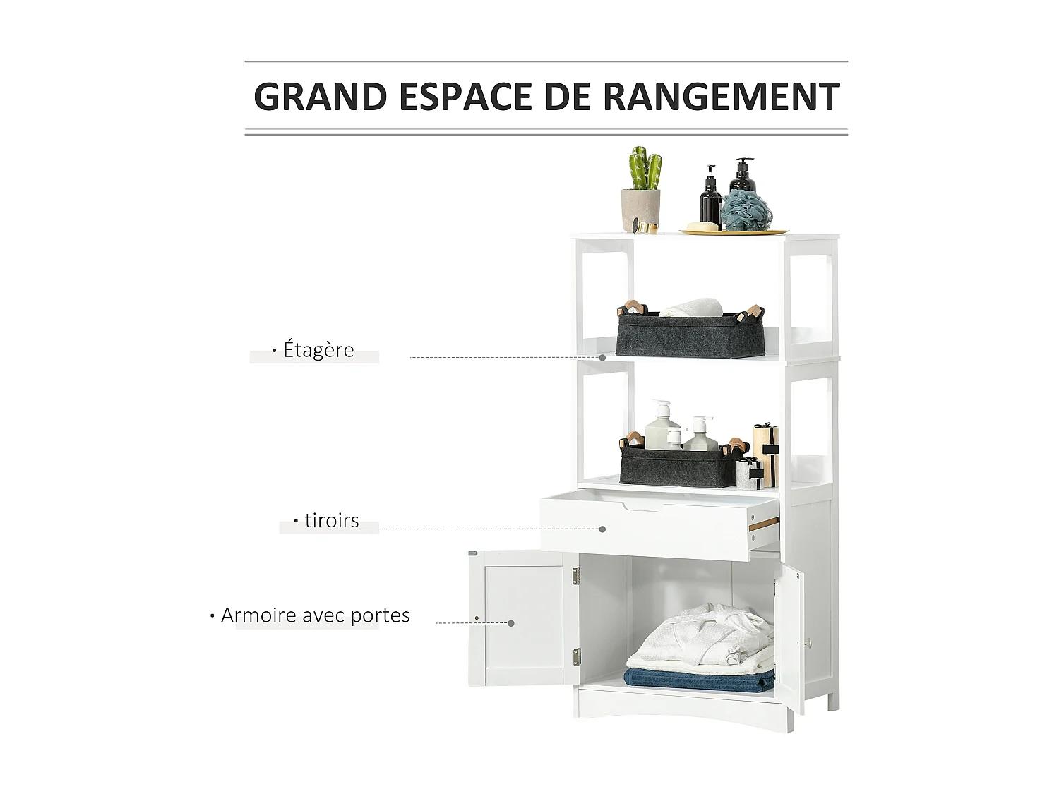 Meuble de rangement salle de bain - 2 portes, tiroir, 3 étagères - dim. 60L x 33l x 122H cm - MDF blanc