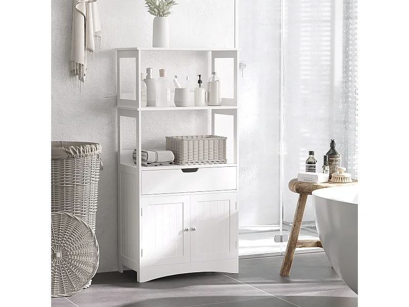 Meuble de rangement salle de bain - 2 portes, tiroir, 3 étagères - dim. 60L x 33l x 122H cm - MDF blanc