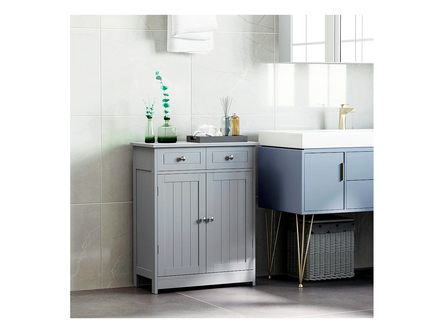 Meuble bas de salle de bain sur pied 2 portes avec étagère réglable 2 tiroirs poignées boutons métal MDF gris