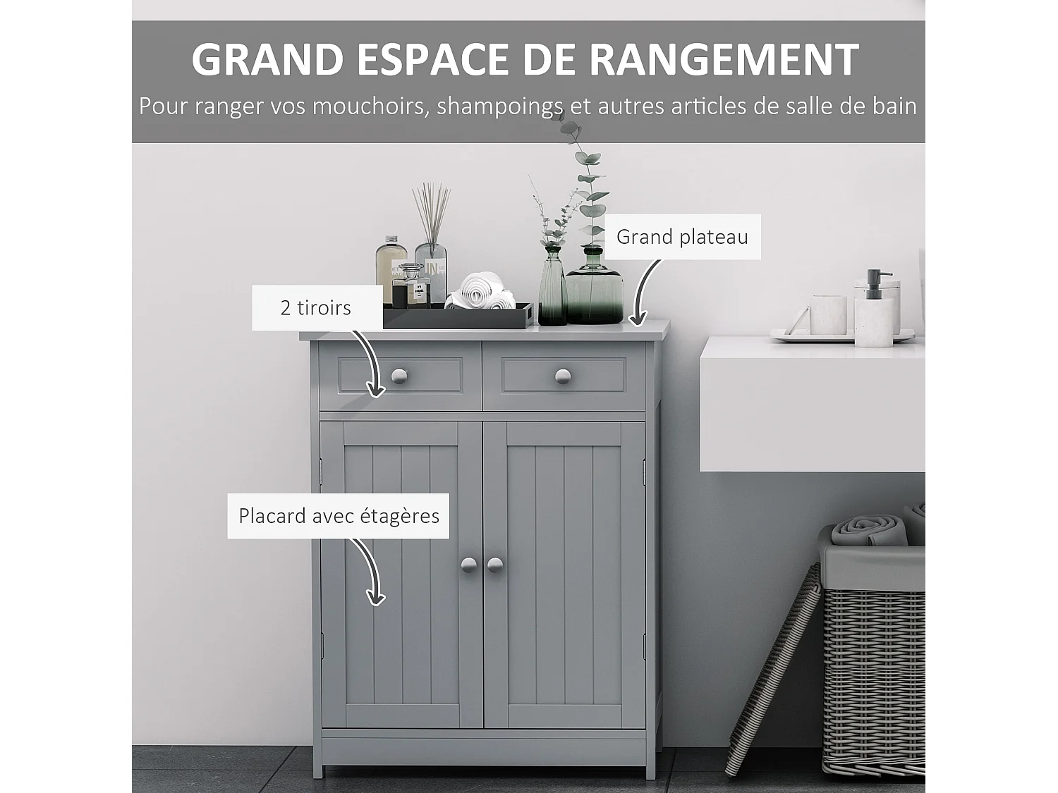Meuble bas de salle de bain sur pied 2 portes avec étagère réglable 2 tiroirs poignées boutons métal MDF gris