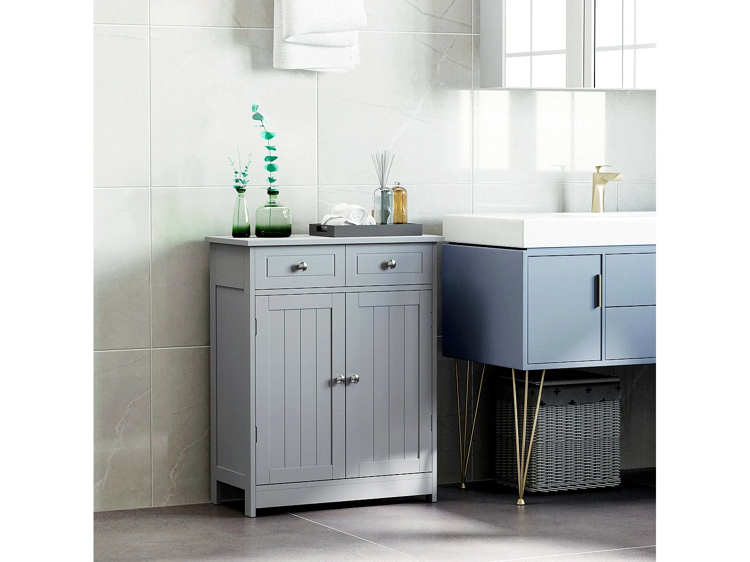 Meuble bas de salle de bain sur pied 2 portes avec étagère réglable 2 tiroirs poignées boutons métal MDF gris