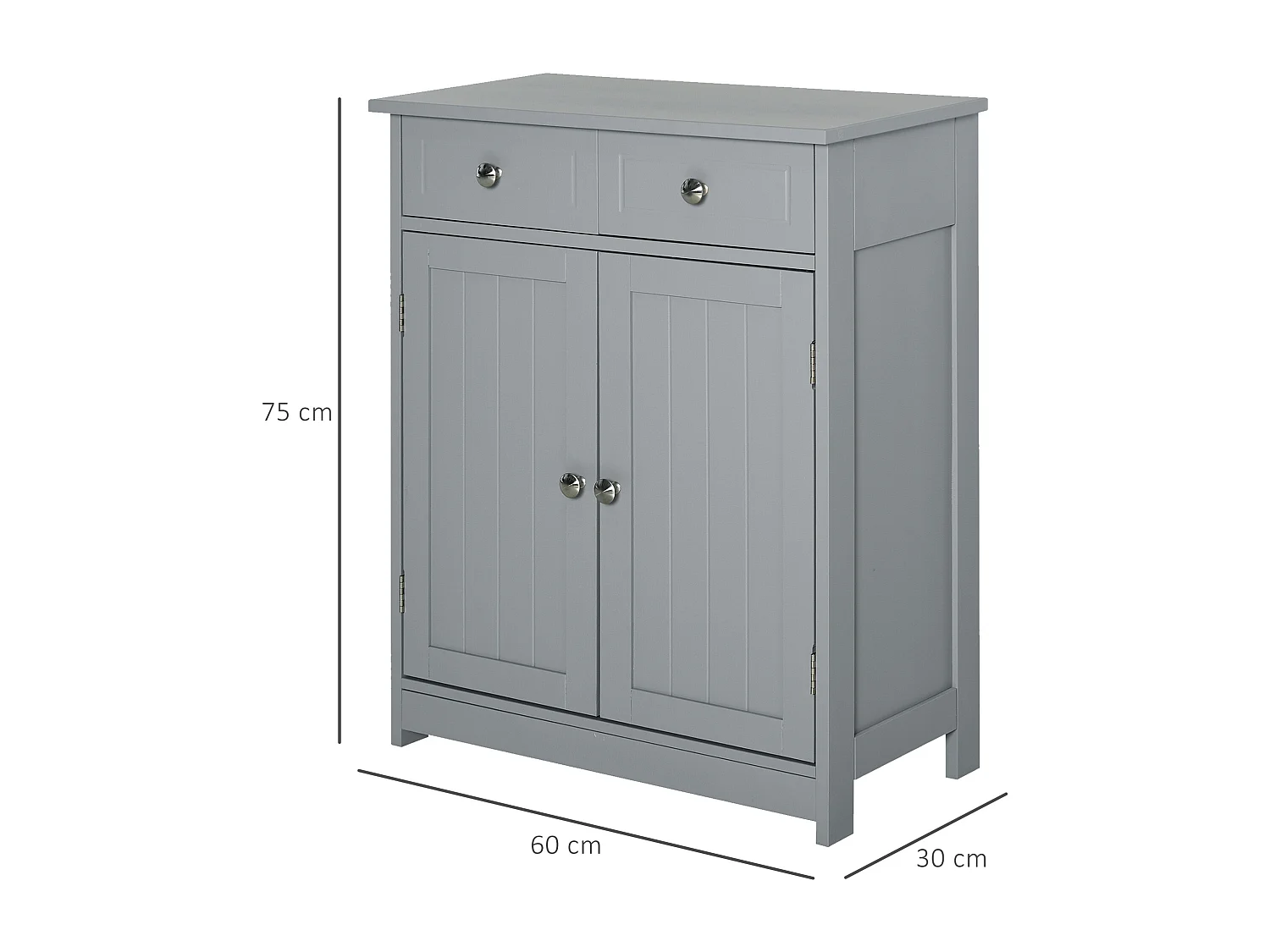 Meuble bas de salle de bain sur pied 2 portes avec étagère réglable 2 tiroirs poignées boutons métal MDF gris