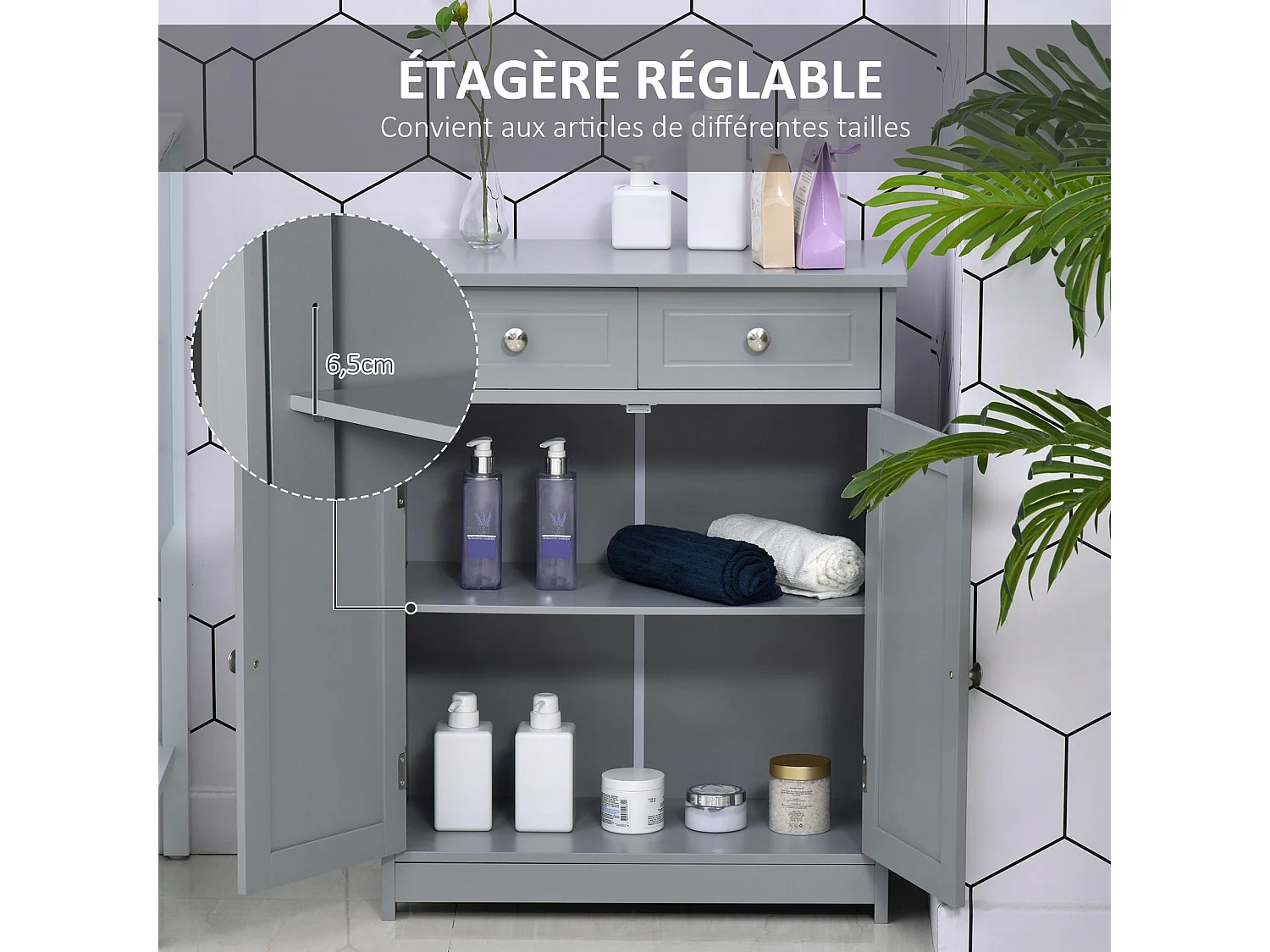 Meuble bas de salle de bain sur pied 2 portes avec étagère réglable 2 tiroirs poignées boutons métal MDF gris
