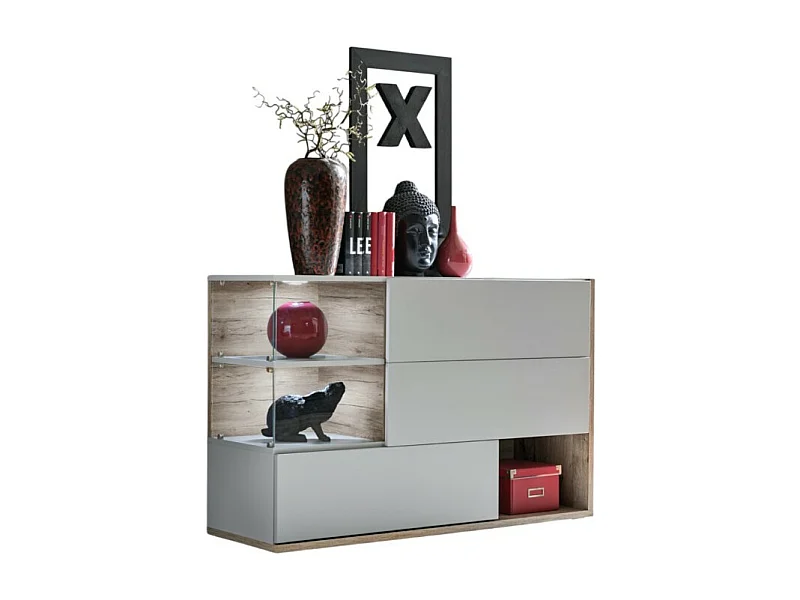 Buffet, Sideboard, Anrichte KLIS mit drei Türen und drei Fächern. Farbe Perlgrau und Eiche. Designstil.