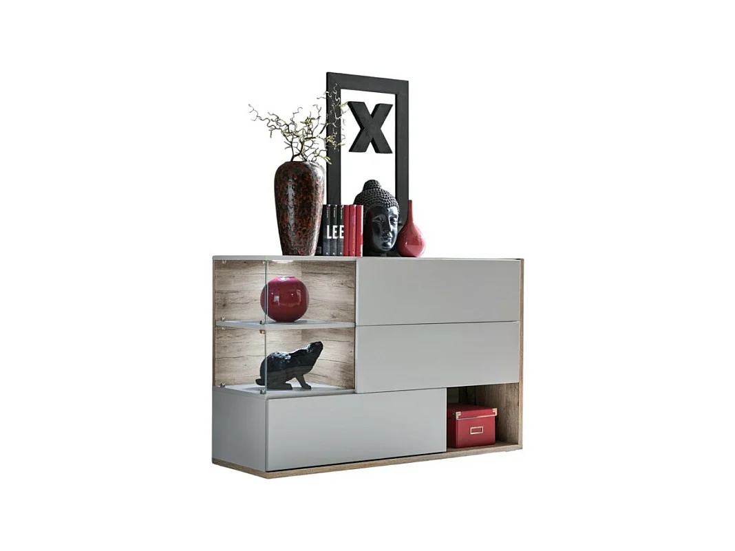 Buffet, bahut, enfilade KLIS trois portes et trois niches. Coloris gris perle et chêne. Style design.