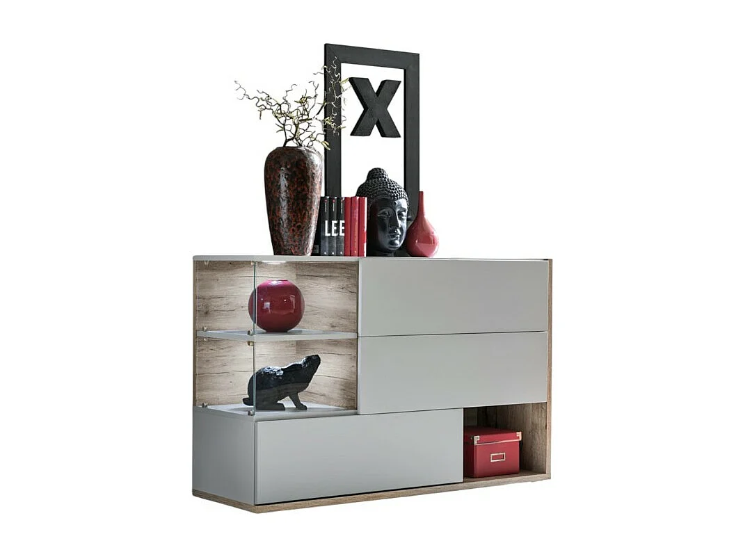 Buffet, aparador, linha KLIS com três portas e três nichos. Cores pérola cinza e carvalho. Estilo design.