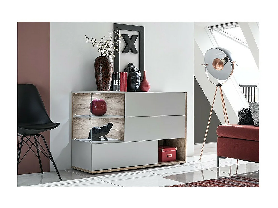 Buffet, aparador, linha KLIS com três portas e três nichos. Cores pérola cinza e carvalho. Estilo design.