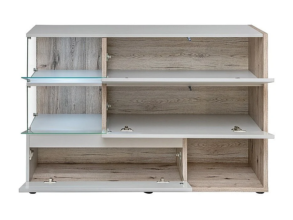 Buffet, aparador, linha KLIS com três portas e três nichos. Cores pérola cinza e carvalho. Estilo design.