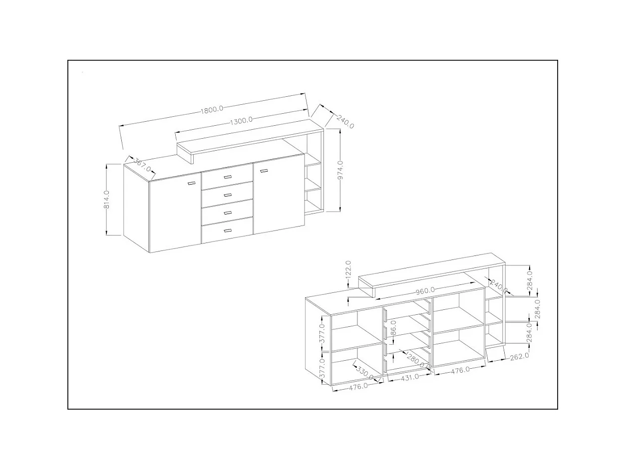 Buffet mit integriertem Regal, Kollektion BERGAME, 180 cm. Farbe Grau und Dunkel-Eiche.