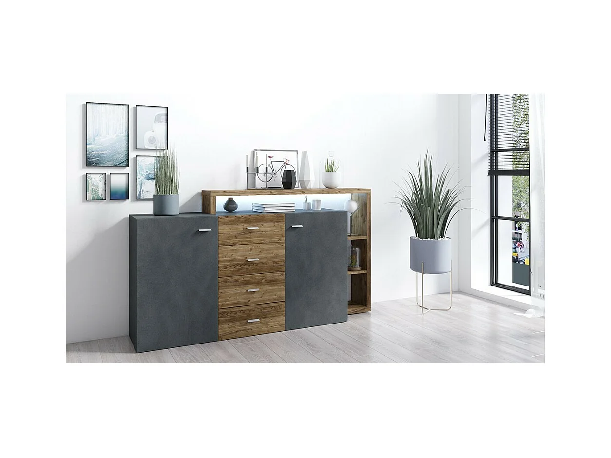 Buffet mit integriertem Regal, Kollektion BERGAME, 180 cm. Farbe Grau und Dunkel-Eiche.