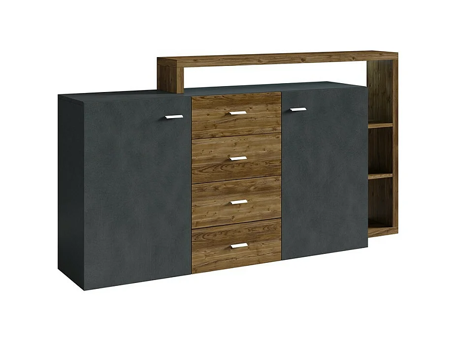Buffet avec étagère intégrée collection BERGAME 180cm. Coloris gris et chêne foncé.