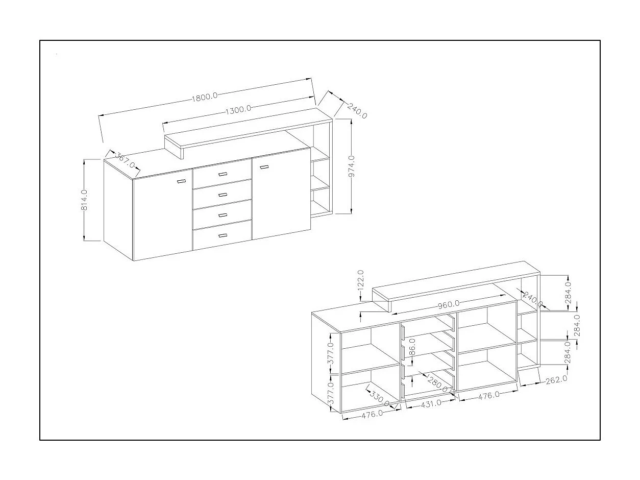 Credenza con scaffale integrato collezione BERGAMO 180cm. Colori grigio e rovere scuro.