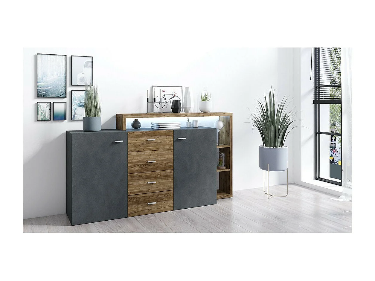 Credenza con scaffale integrato collezione BERGAMO 180cm. Colori grigio e rovere scuro.