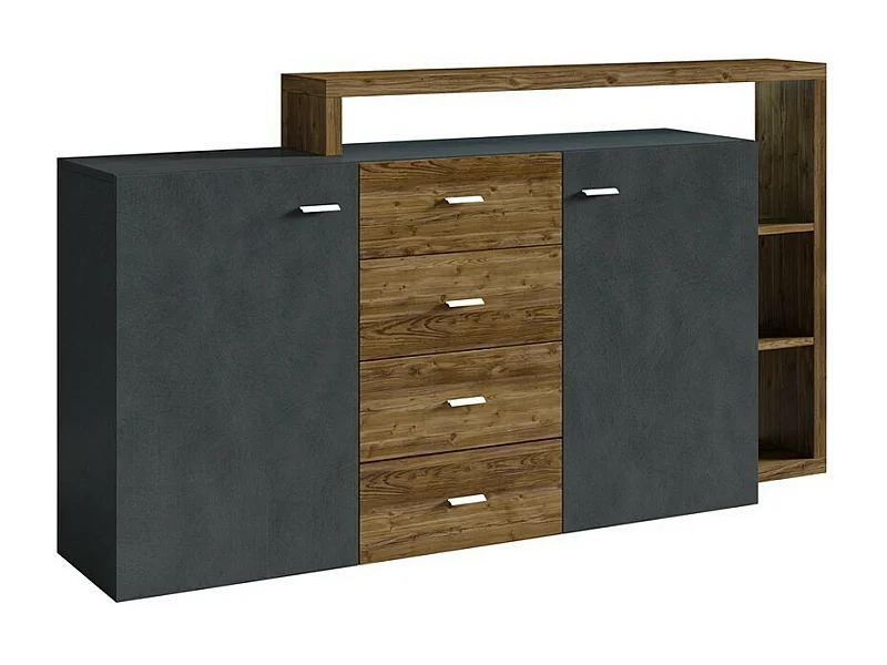 Buffet avec étagère intégrée collection BERGAME 180cm. Coloris gris et chêne foncé.