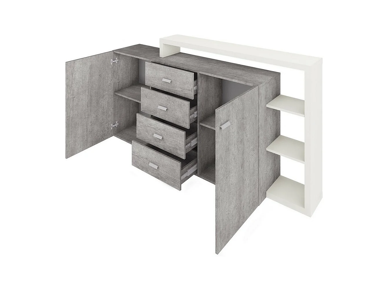 Buffet mit integriertem Regal, Kollektion BERGAME, 180 cm. Farbe Grau und Weiß. Designstil.