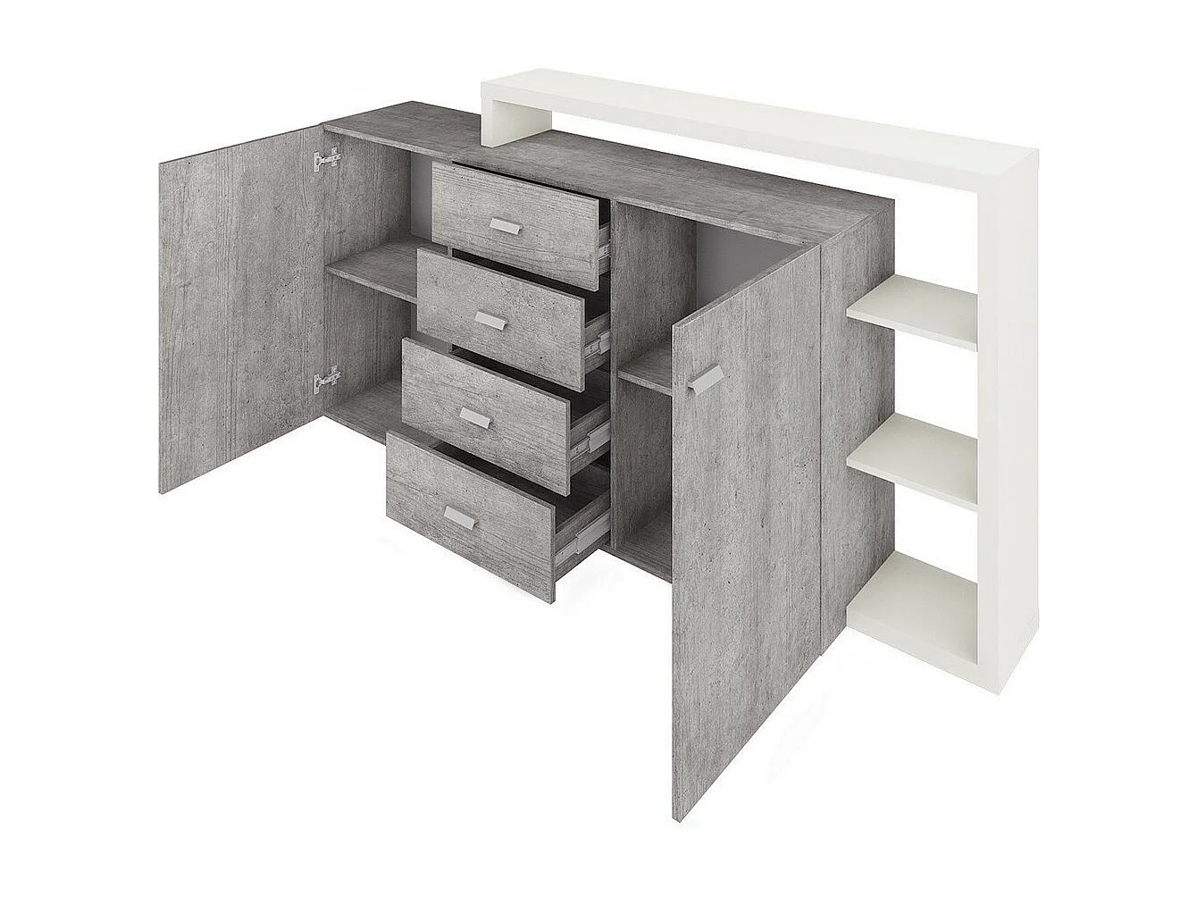 Buffet mit integriertem Regal, Kollektion BERGAME, 180 cm. Farbe Grau und Weiß. Designstil.