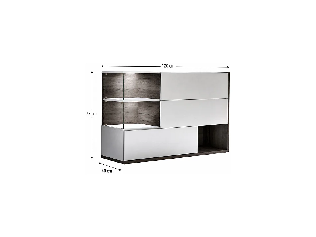Buffet design KLIS blanc et orme perle brillant – 3 portes, niches vitrées et LED