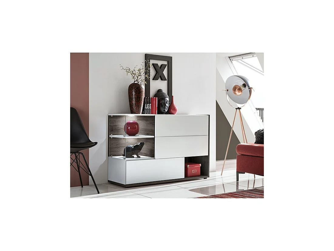 Buffet design KLIS blanc et orme perle brillant – 3 portes, niches vitrées et LED