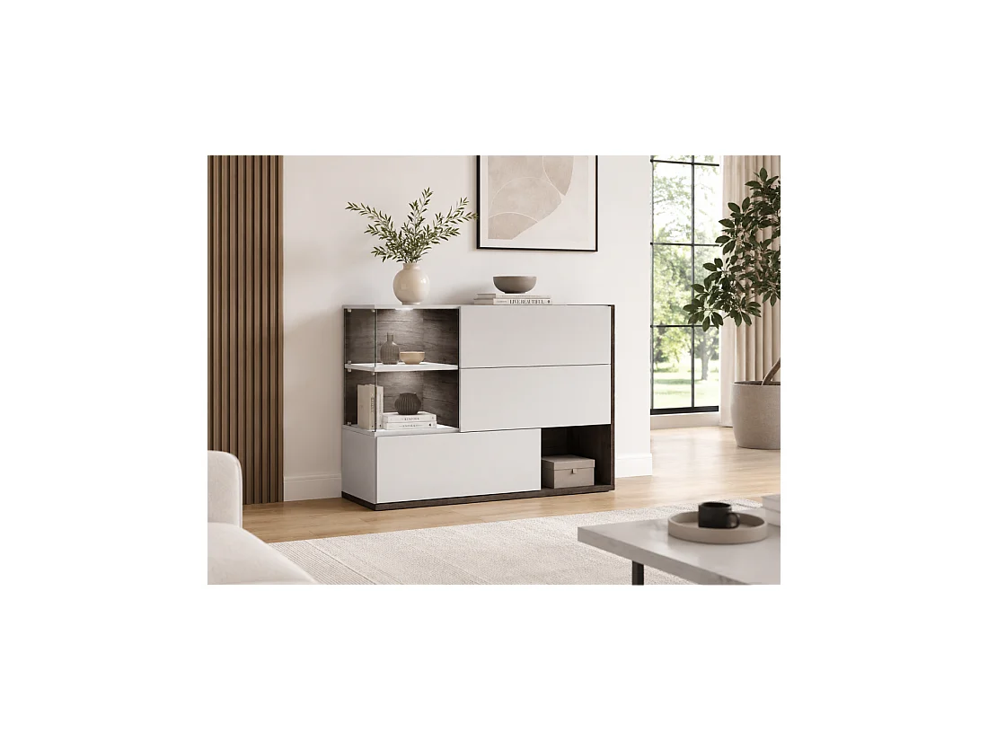 Buffet design KLIS blanc et orme perle brillant – 3 portes, niches vitrées et LED