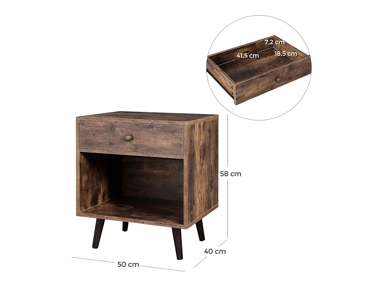 Table de nuit chevet avec 1 tiroir et 1 compartiment ouvert marron et noir 12_0001041