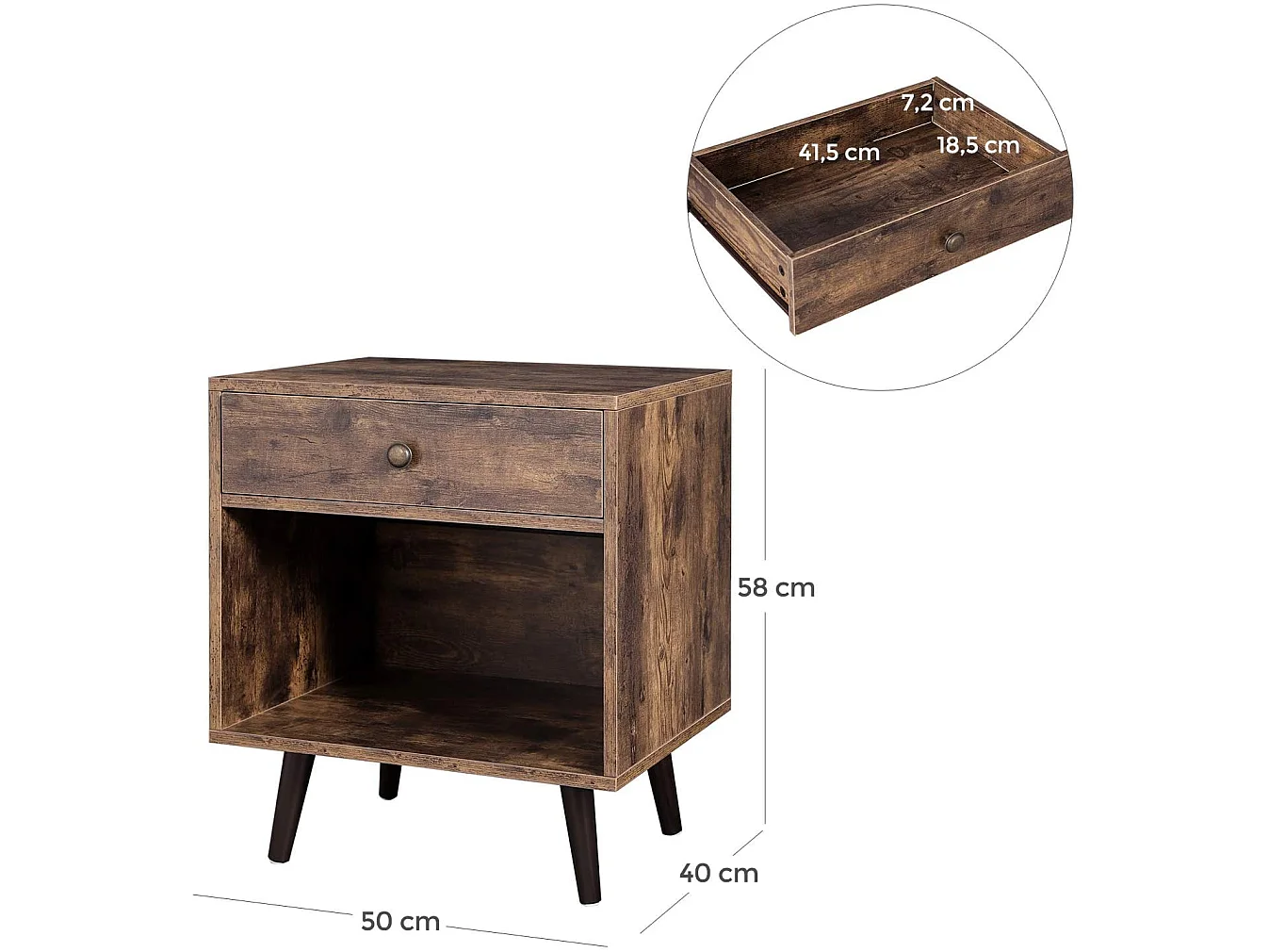 Table de nuit chevet avec 1 tiroir et 1 compartiment ouvert marron et noir 12_0001041