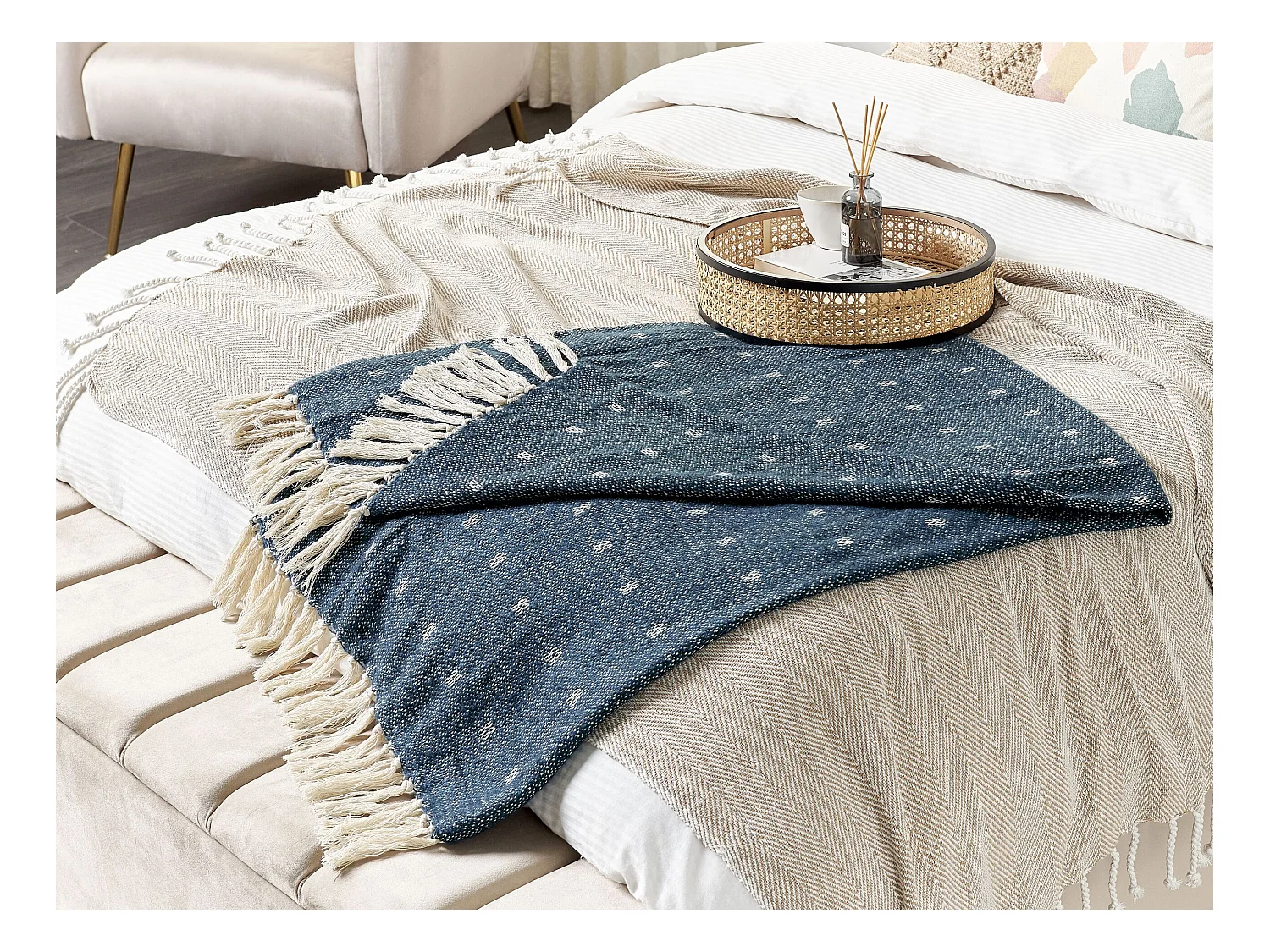 Couverture TAARI Coton 130 x 170 cm Bleu paon