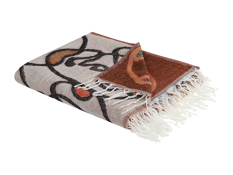 Tagesdecke beige/bunt 130x170cm Gesichtsmotiv mit Fransen modern Barbot