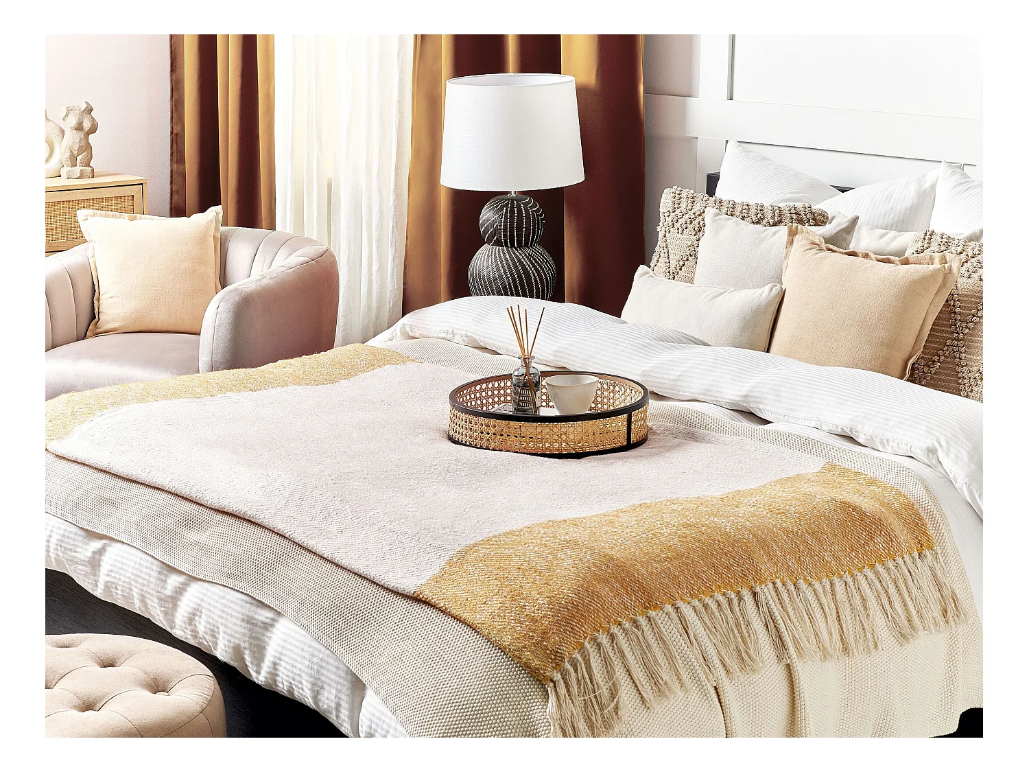 Boho Decke mit Fransen 130 x 170 cm beige / orange SALME