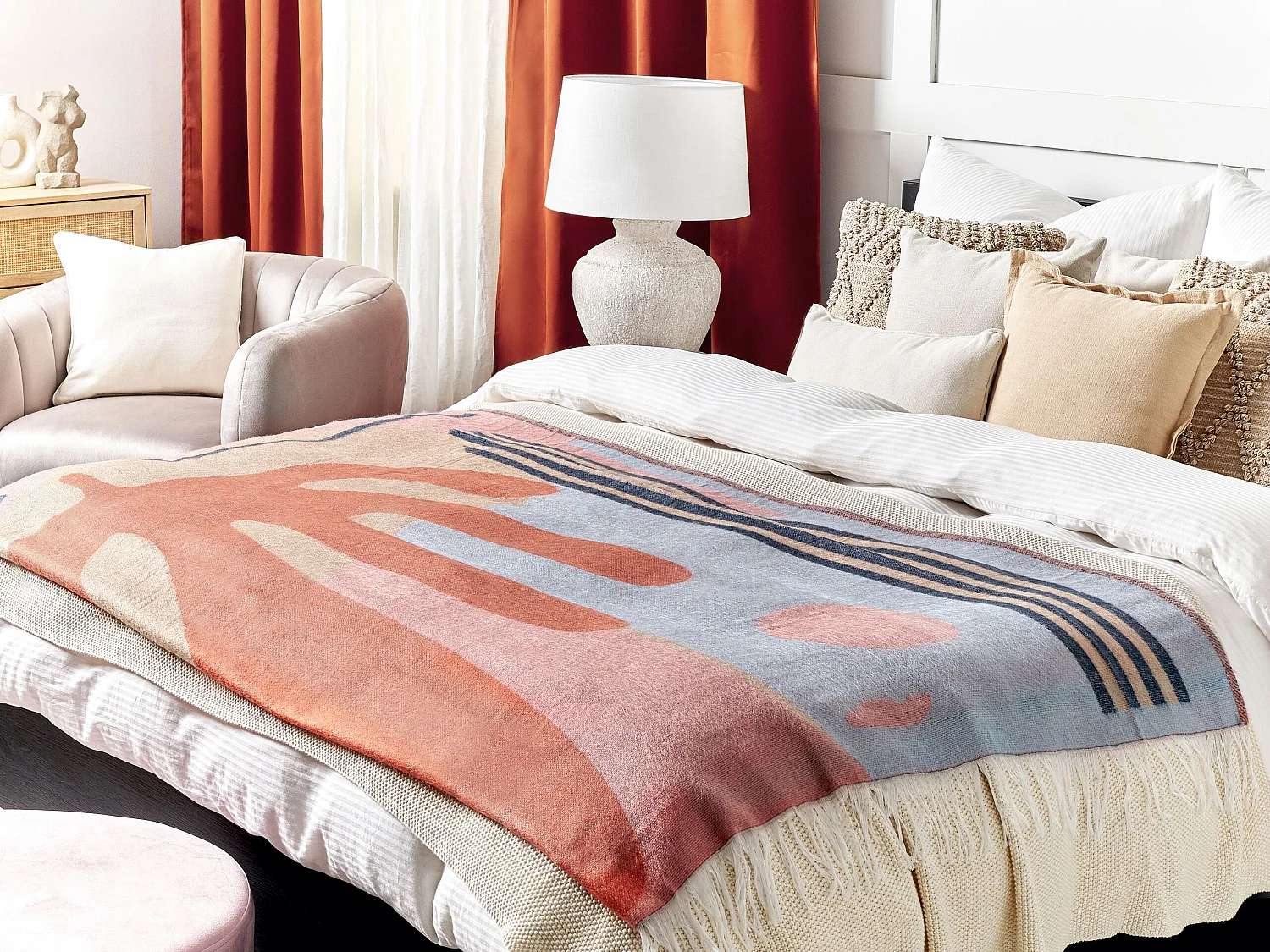 Decke abstraktes Motiv rot/blau/bunt mit Fransen 130 x 170 cm Resha