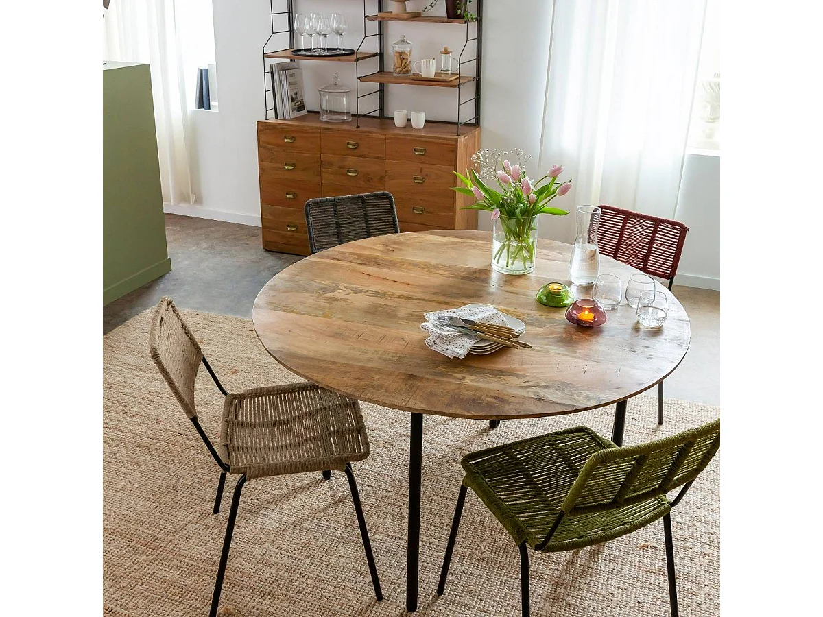 Mesa de comedor redonda de madera de mango Gloria - 4 plazas, diseño elegante para tu comedor