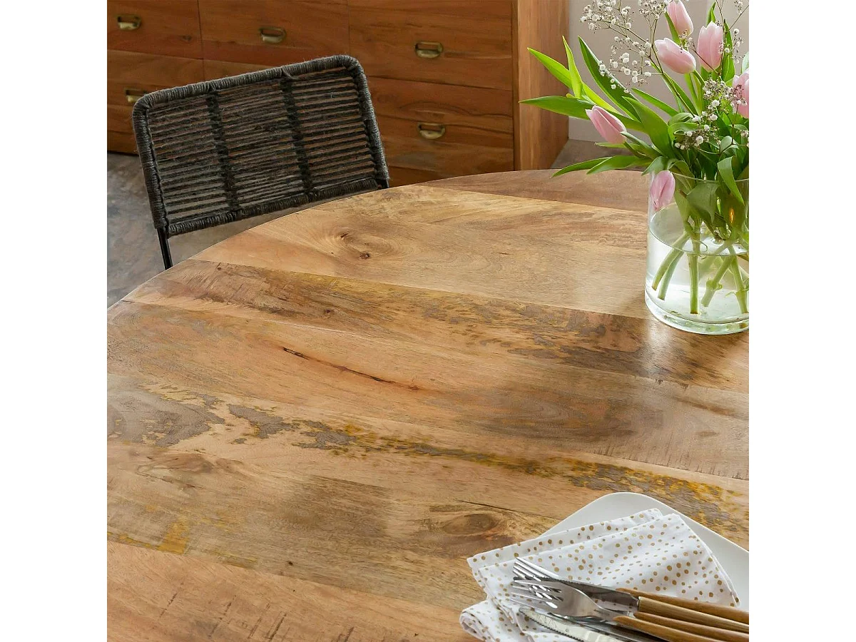 Mesa de comedor redonda de madera de mango Gloria - 4 plazas, diseño elegante para tu comedor