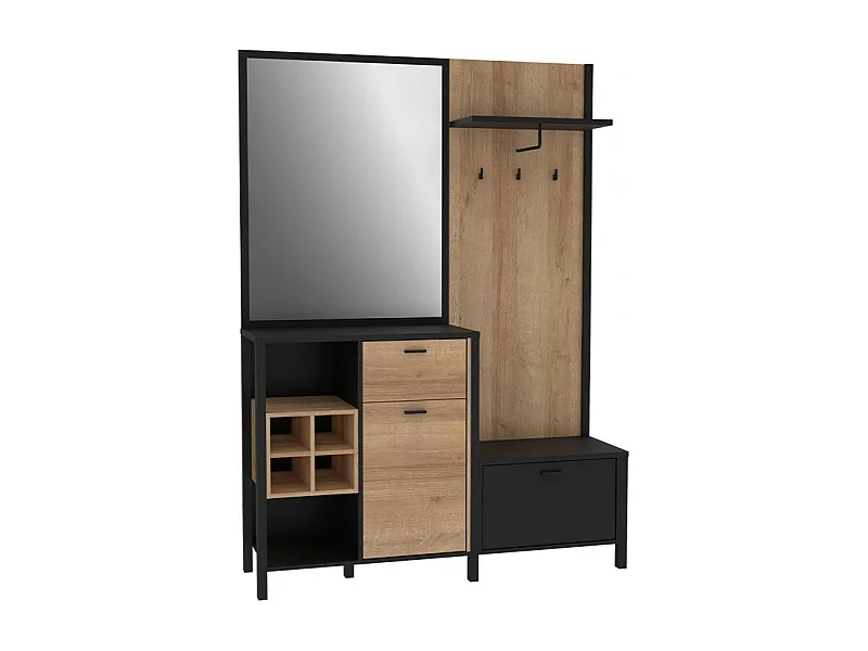 Meuble d'entrée avec miroir et rangements décor bois et noir - MODE