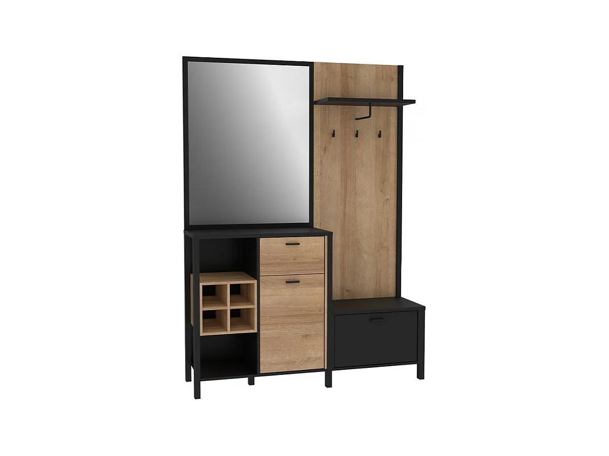 Meuble d'entrée avec miroir et rangements décor bois et noir - MODE