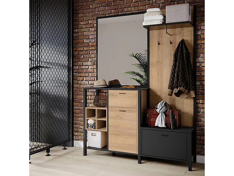 Meuble d'entrée avec miroir et rangements décor bois et noir - MODE