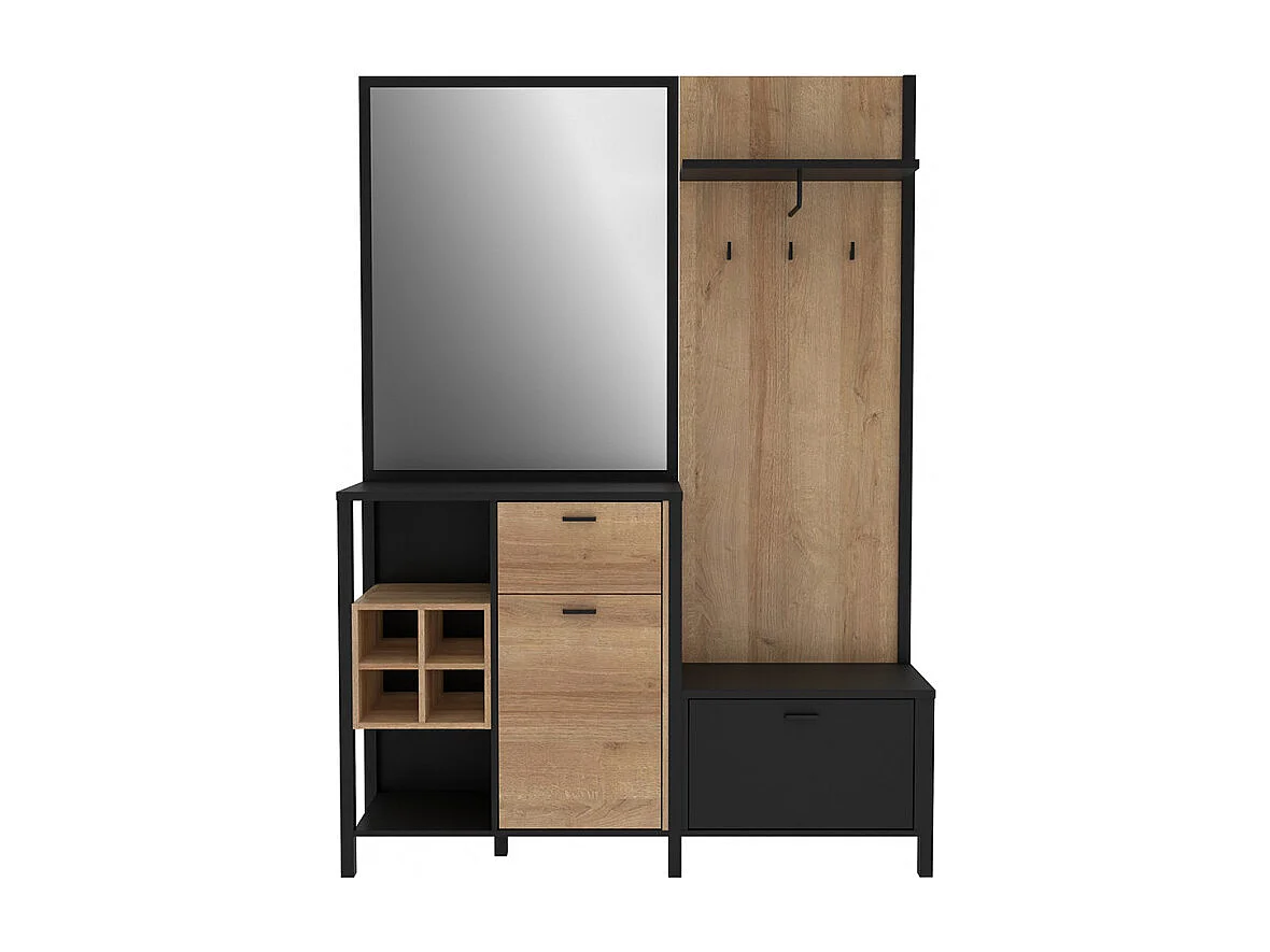 Meuble d'entrée avec miroir et rangements décor bois et noir - MODE