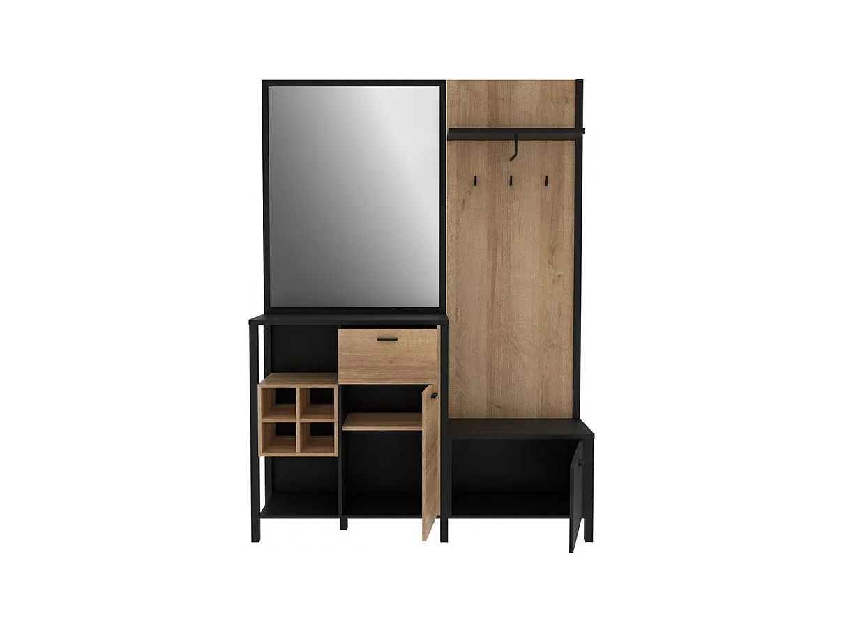 Meuble d'entrée avec miroir et rangements décor bois et noir - MODE