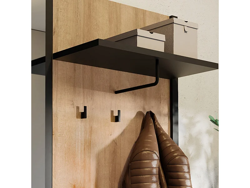 Meuble d'entrée avec miroir et rangements décor bois et noir - MODE