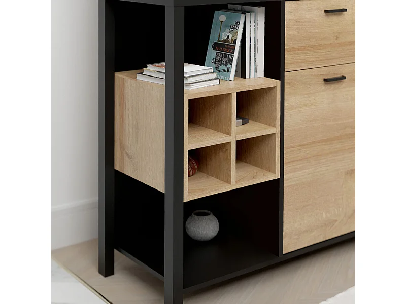 Meuble d'entrée avec miroir et rangements décor bois et noir - MODE