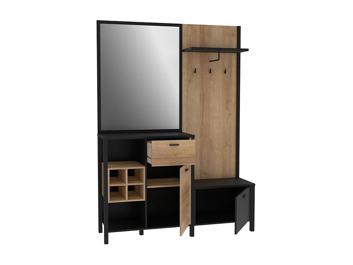 Meuble d'entrée avec miroir et rangements décor bois et noir - MODE
