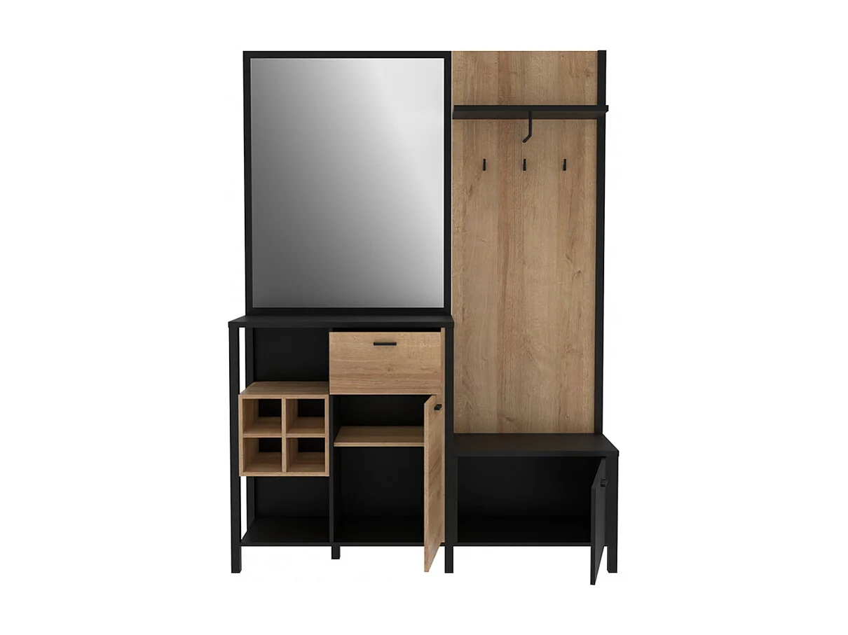 Meuble d'entrée avec miroir et rangements décor bois et noir - MODE
