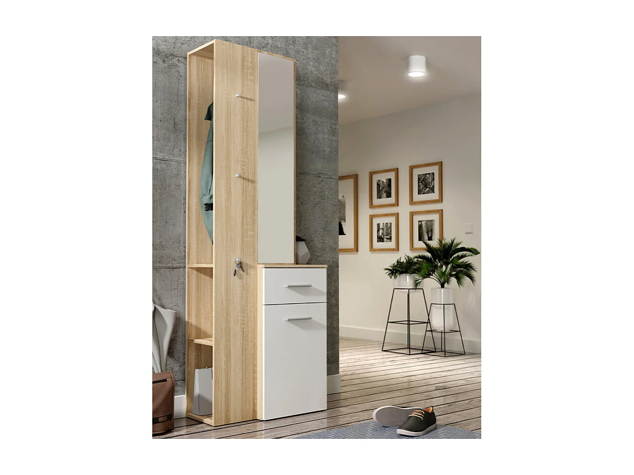 Meuble d'entrée avec miroir et rangements décor bois et blanc - NINA