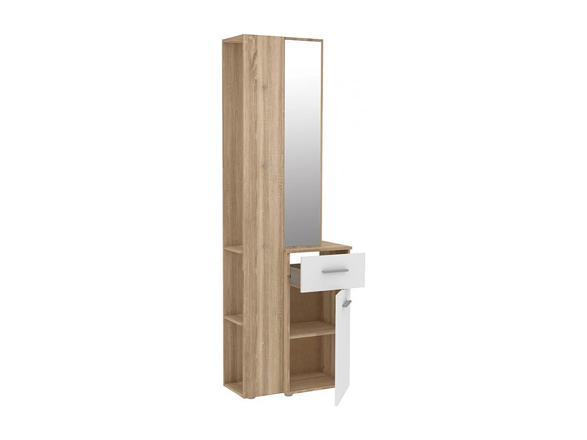 Meuble d'entrée avec miroir et rangements décor bois et blanc - NINA