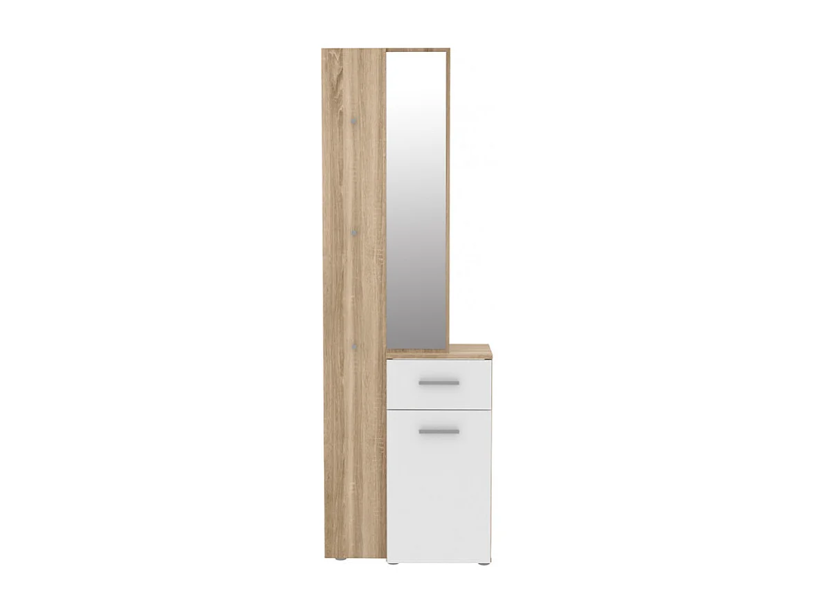 Meuble d'entrée avec miroir et rangements décor bois et blanc - NINA