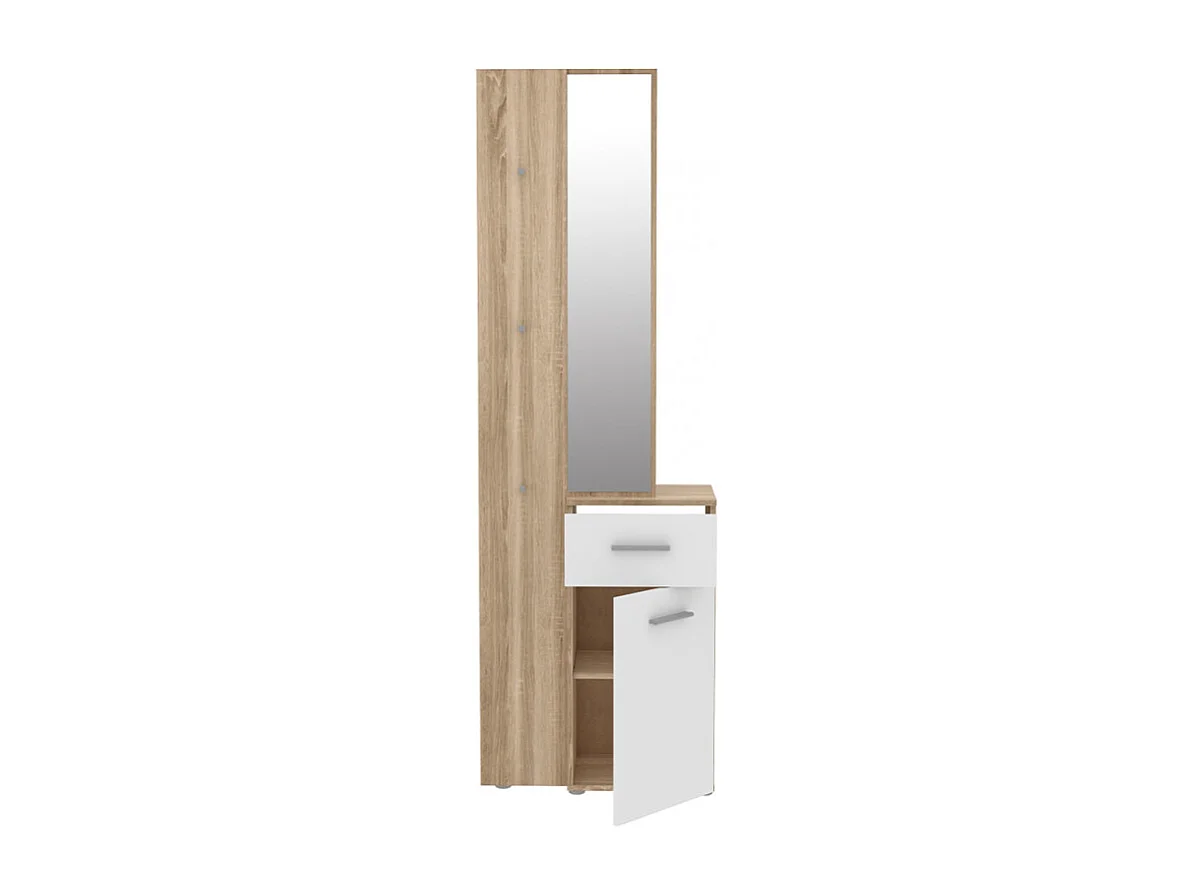 Meuble d'entrée avec miroir et rangements décor bois et blanc - NINA