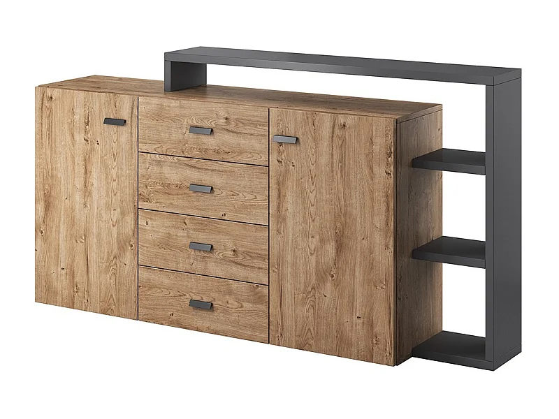 Buffet mit integriertem Regal, Kollektion BERGAME, 180 cm. Farbe: Eichenholz und Grau.