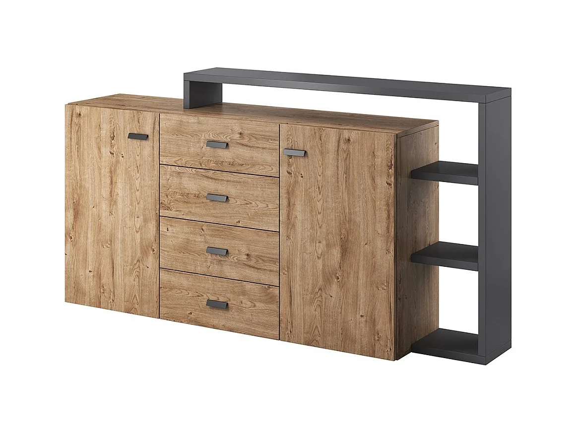 Buffet avec étagère intégrée collection BERGAME 180cm. Coloris chêne et gris.