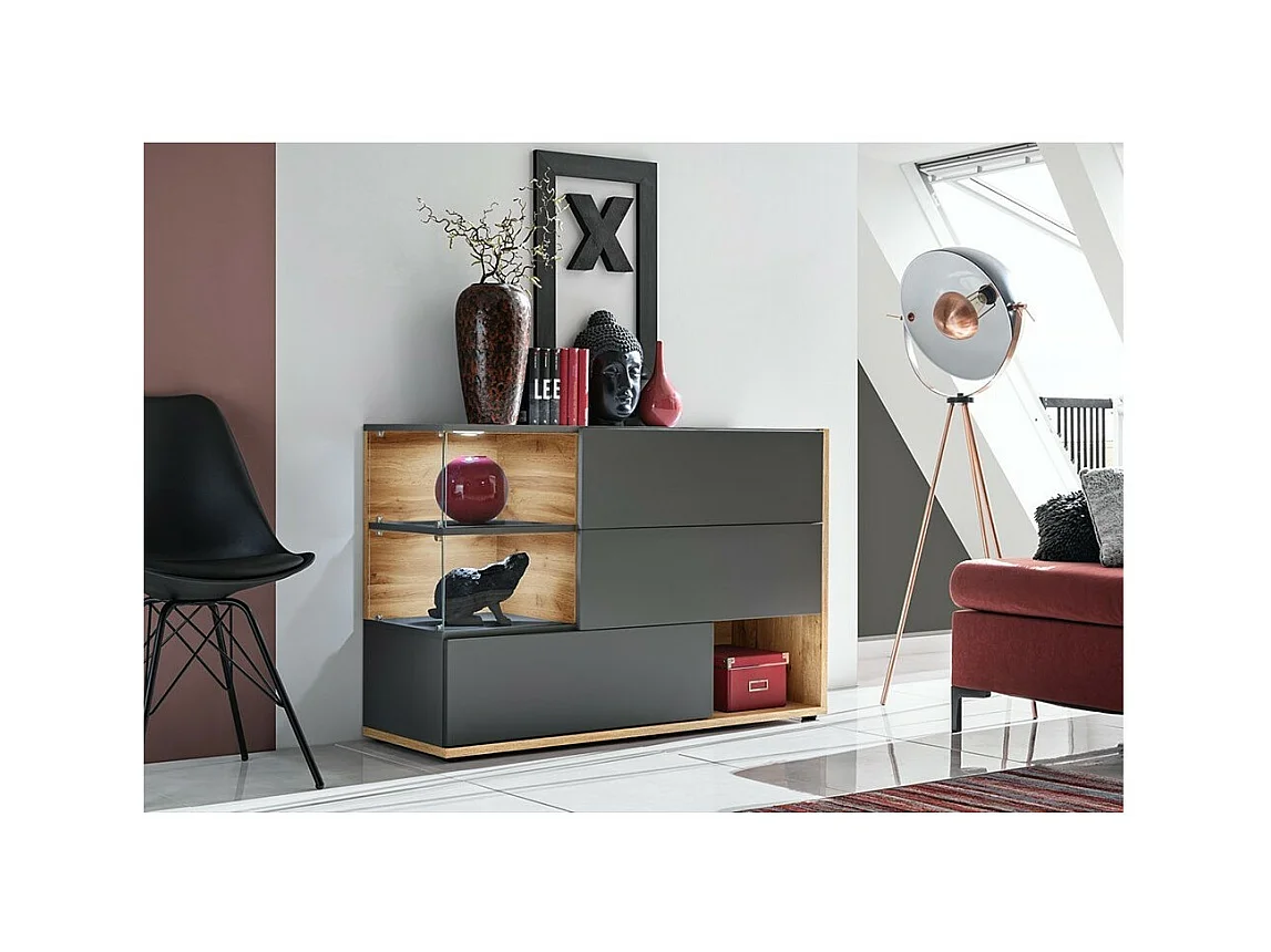 Buffet, aparador, enfilade KLIS com três portas e três nichos. Cor cinza antracite e carvalho. Estilo design.