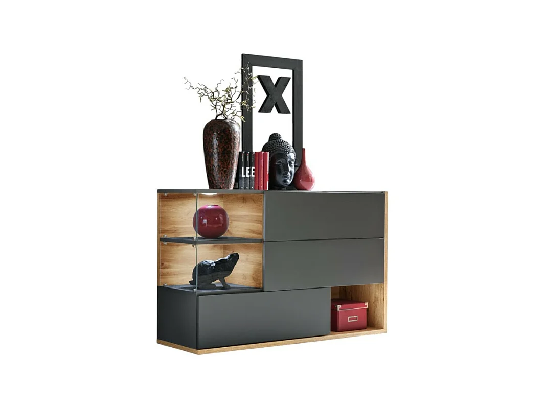 Buffet, bahut, enfilade KLIS trois portes et trois niches. Coloris gris anthracite et chêne. Style design.