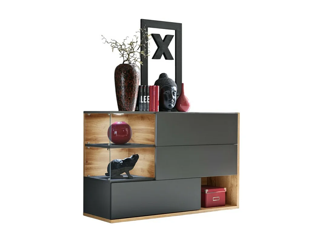 Buffetkast KLIS met drie deuren en drie nissen. Kleur antracietgrijs en eiken. Designstijl.