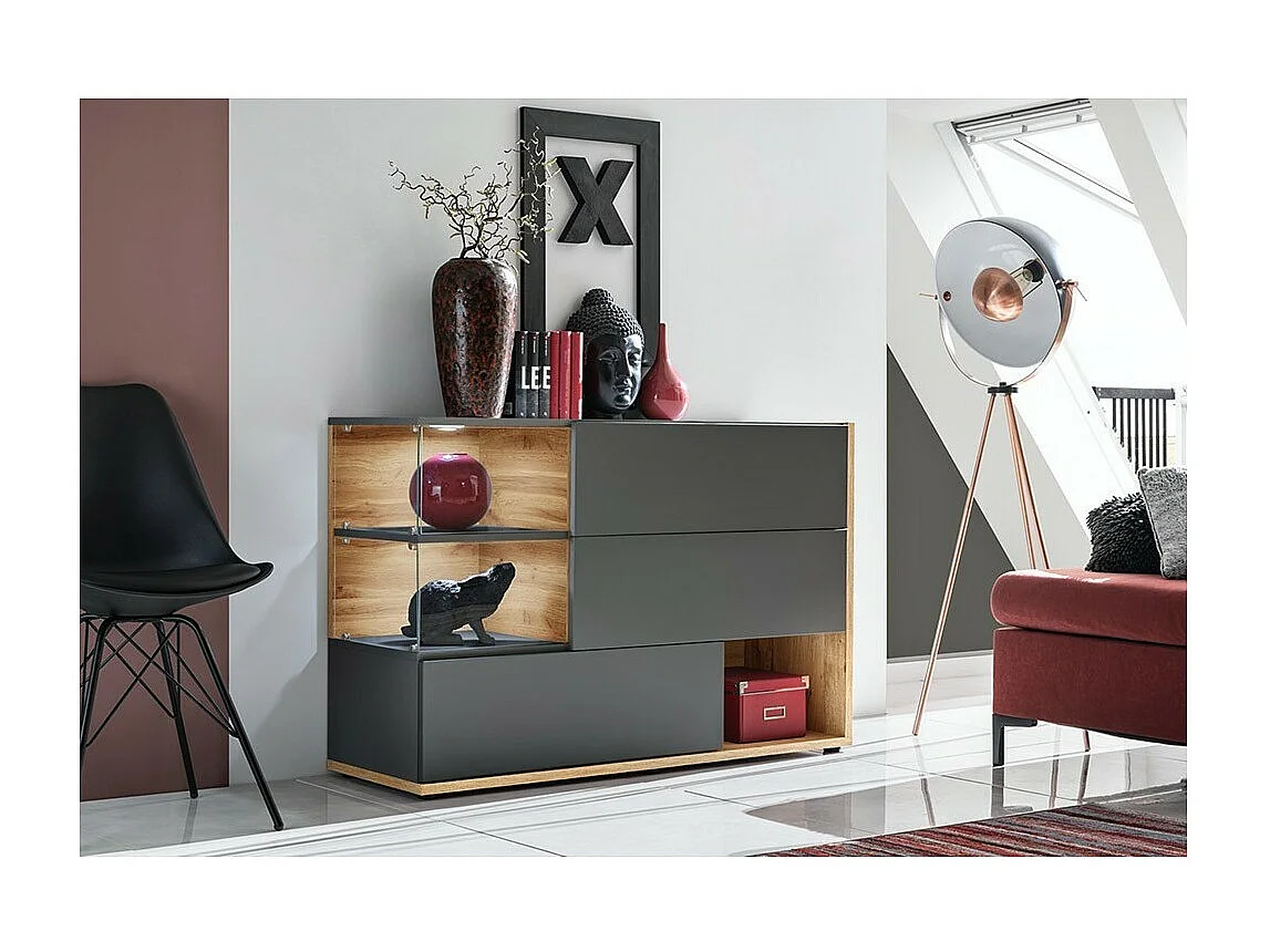 Buffetkast KLIS met drie deuren en drie nissen. Kleur antracietgrijs en eiken. Designstijl.